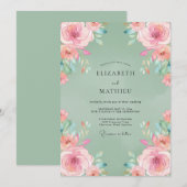 Invitation Mariage Rose Heureuse Vert Sauge (Devant / Derrière)