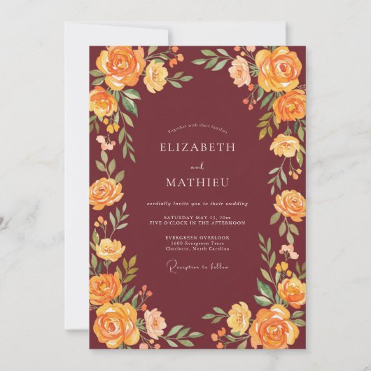 Invitation Mariage Rose Jaune Bourgogne (Devant)