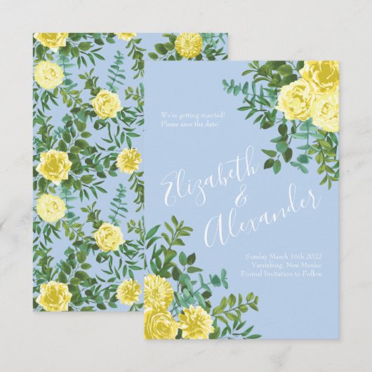Invitation Mariage Rose jaune clair et bleu pâle Date de sauv (Devant / Derrière)