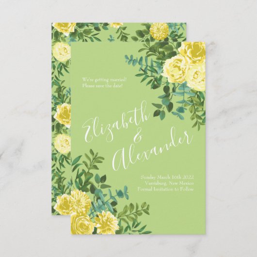 Invitation Mariage Rose jaune clair et vert pâle Date de sauv (Devant / Derrière)