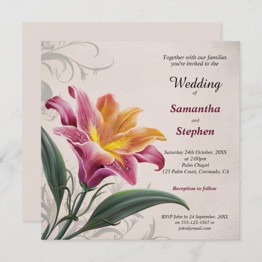 Invitation Mariage rose Lily (Devant / Derrière)