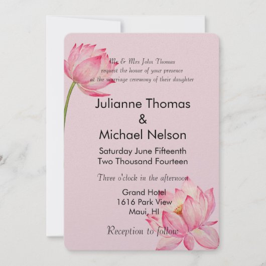 Invitation Mariage rose Lotus Floral (Devant)
