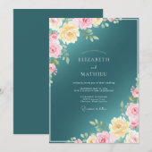 Invitation Mariage Rose Lumineuse Sarcelle (Devant / Derrière)