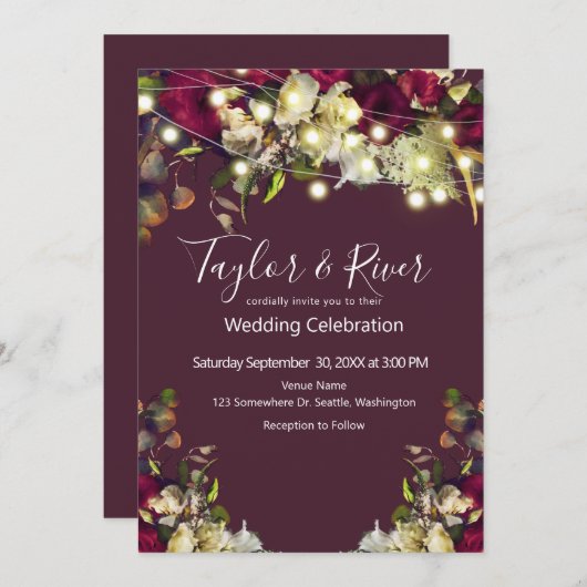 Invitation Mariage Rose Marsala et ivoire (Devant / Derrière)