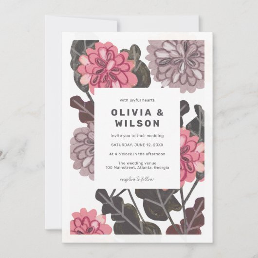 Invitation Mariage rose mauve gris fusain moderne (Devant)