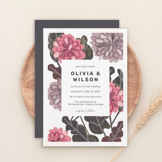 Invitation Mariage rose mauve gris fusain moderne