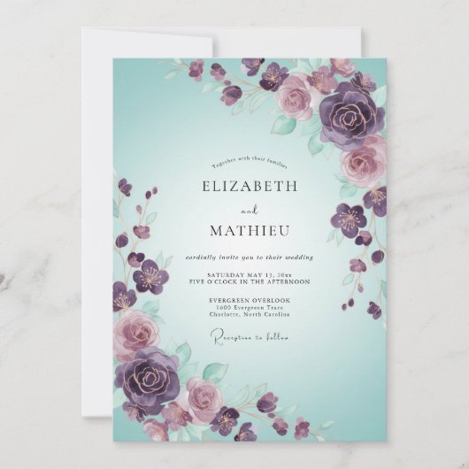 Invitation Mariage Rose Mer Écume Prune (Devant)