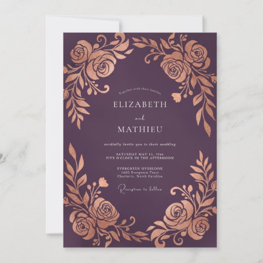 Invitation Mariage Rose Métallique prune (Devant)