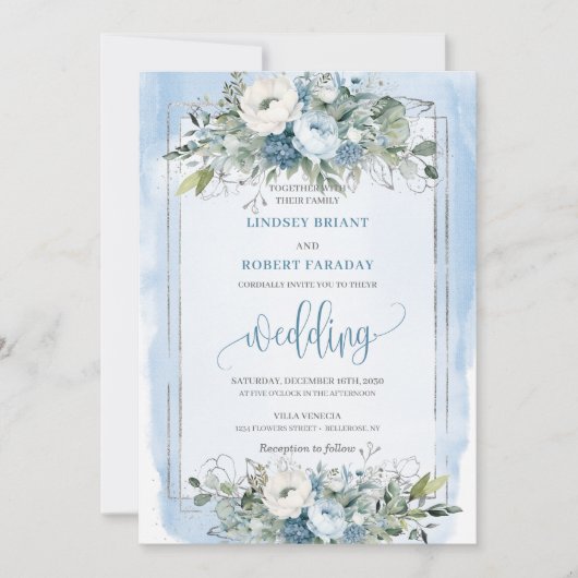 Invitation Mariage Rose moderne Dusty Blue White Silver (Devant)
