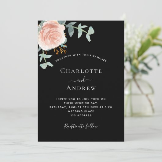 Invitation Mariage rose noir or verdure de luxe (Debout devant)
