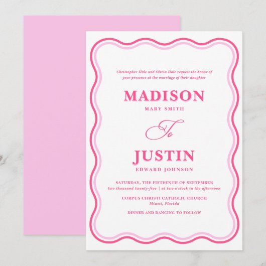 Invitation Mariage rose ondulé (Devant / Derrière)