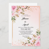 Invitation mariage rose or avec fleurs (Devant / Derrière)