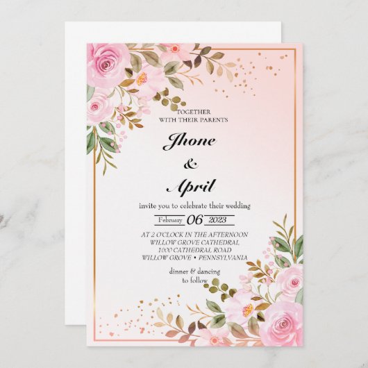 Invitation mariage rose or avec fleurs (Devant / Derrière)