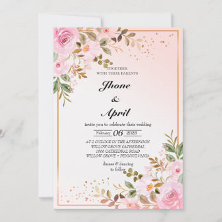 Invitation mariage rose or avec fleurs