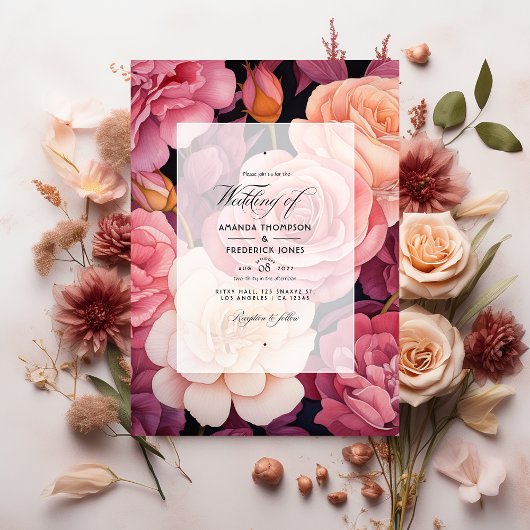 Invitation Mariage rose or et flou floral