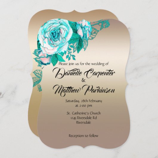 Invitation Mariage Rose or et turquoise (Devant / Derrière)