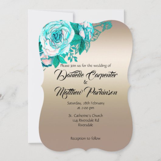 Invitation Mariage Rose or et turquoise (Devant)