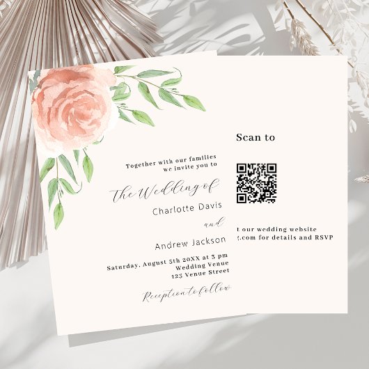 Invitation mariage rose or fleuri code QR RSVP