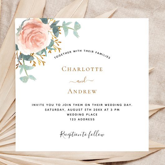 Invitation mariage rose or fleuri eucalyptus vert