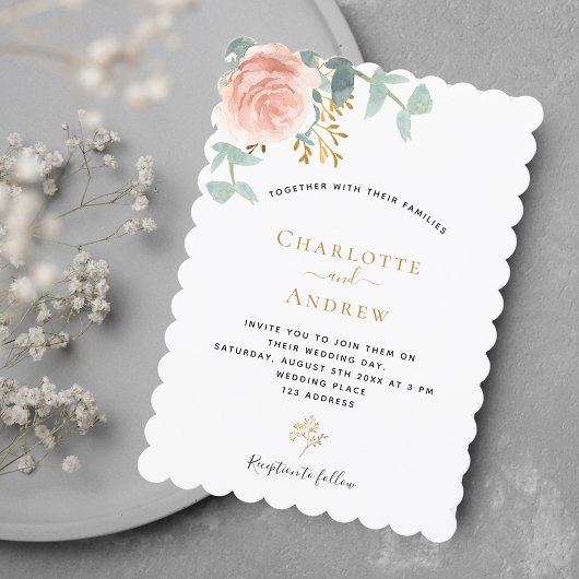 Invitation mariage rose or fleuri eucalyptus vert