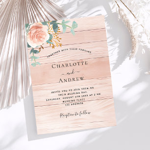 Invitation mariage Rose or fleurie verdure bois luxe