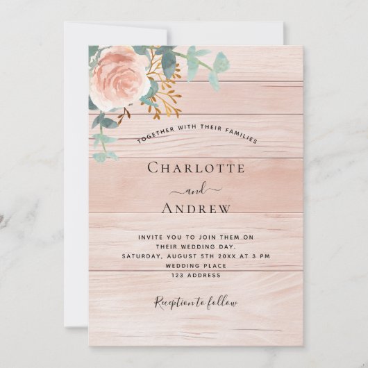 Invitation mariage Rose or fleurie verdure bois luxe (Devant)