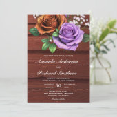 Invitation Mariage Rose orange brûlé en bois rustique (Debout devant)