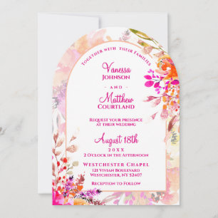 Invitation Mariage Rose Orange Élégant Forme d'Arche Florale