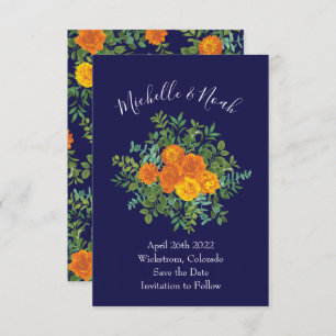 Invitation Mariage Rose Orange & Navy Blue Peony Date de sauv