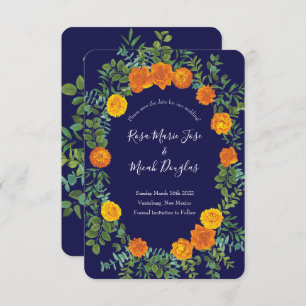 Invitation Mariage Rose Orange & Navy Blue Peony Date de sauv