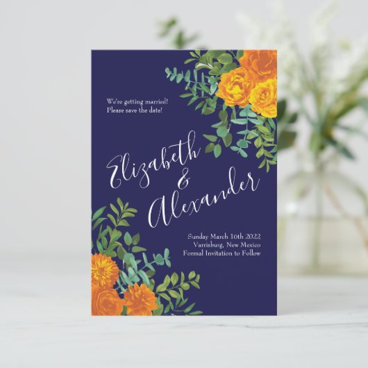 Invitation Mariage Rose Orange Navy Blue Peony Date de sauveg (Debout devant)