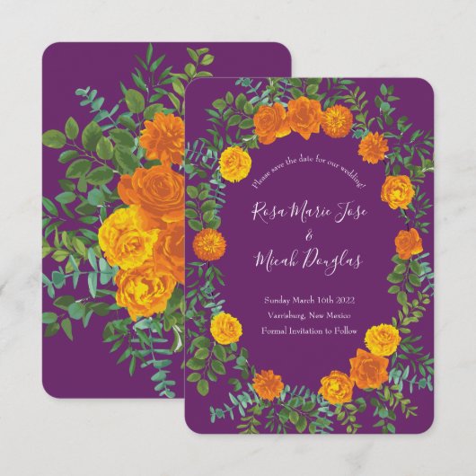 Invitation Mariage Rose Orange & Purple Plum Peony Date de sa (Devant / Derrière)