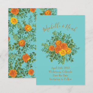 Invitation Mariage Rose Orange & Turquoise Aqua Peony Date de