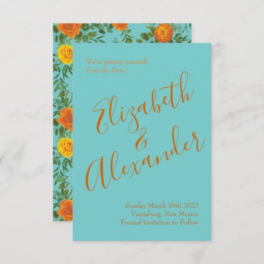 Invitation Mariage Rose Orange & Turquoise Aqua Peony Date de (Devant / Derrière)