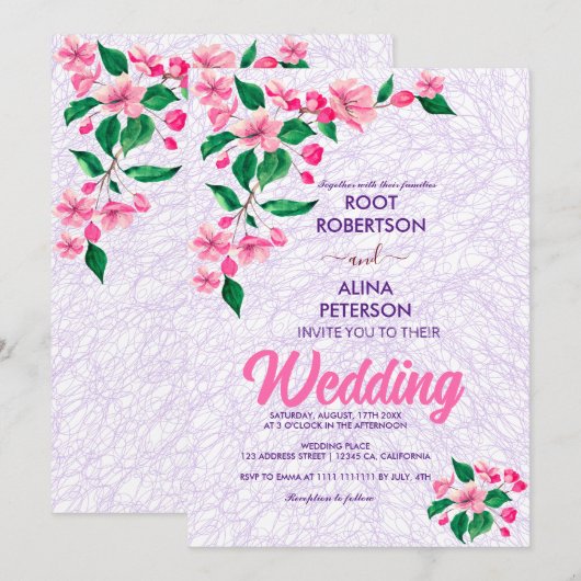 Invitation Mariage rose pâle (Devant / Derrière)