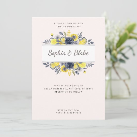 Invitation Mariage rose pâle à cadre fleuri jaune et bleu (Debout devant)
