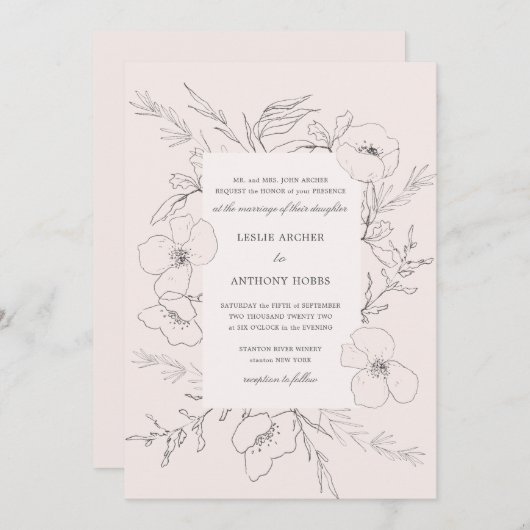 Invitation Mariage rose pâle à la main (Devant / Derrière)