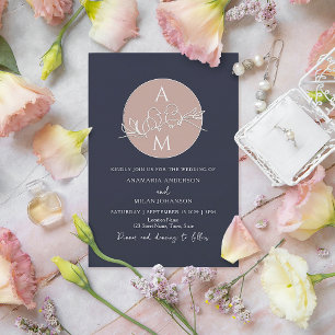 Invitation Mariage Rose Pâle Bleu Marine Monogramme