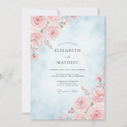 Invitation Mariage Rose Pâle Bleu Poudré (Devant)