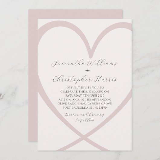 Invitation Mariage rose pâle du coeur moderne (Devant / Derrière)