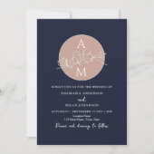 Invitation Mariage Rose Pâle et Bleu Marine Monogramme (Devant)