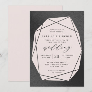 Invitation Mariage Rose Pâle et Noir Feuille de Coupe de Pier