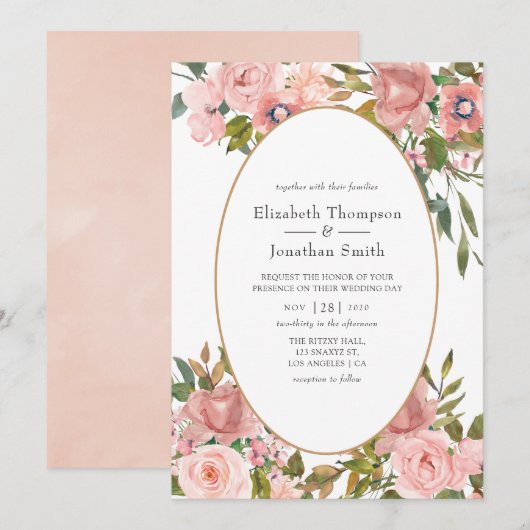 Invitation Mariage Rose Pâle et Or Rose (Devant / Derrière)
