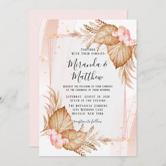 Invitation Mariage rose pâle et rose pampa (Devant / Derrière)