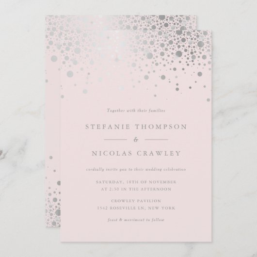 Invitation Mariage rose pâle Faux Silver Confetti (Devant / Derrière)