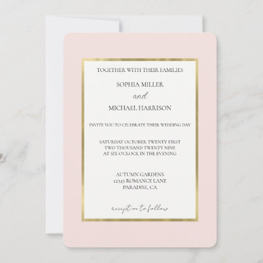 Invitation Mariage Rose Pâle Or Blanc (Devant)