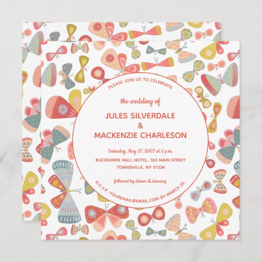 Invitation Mariage rose papillon (Devant / Derrière)