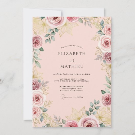 Invitation Mariage Rose Pastel Élégant (Devant)