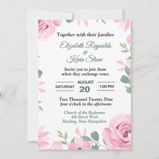 Invitation Mariage Rose Pastel et Vert de Mer (Devant)
