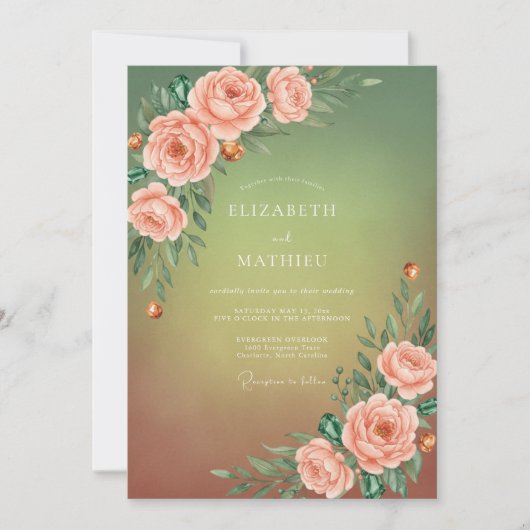 Invitation Mariage Rose Pêche Olive (Devant)